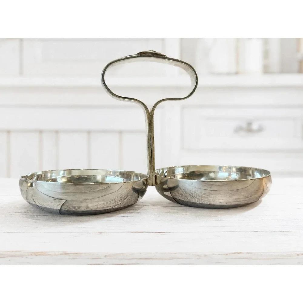 Vintage Silverplate Double Candy Dish Finger Food Caddy with Handle Estate Find